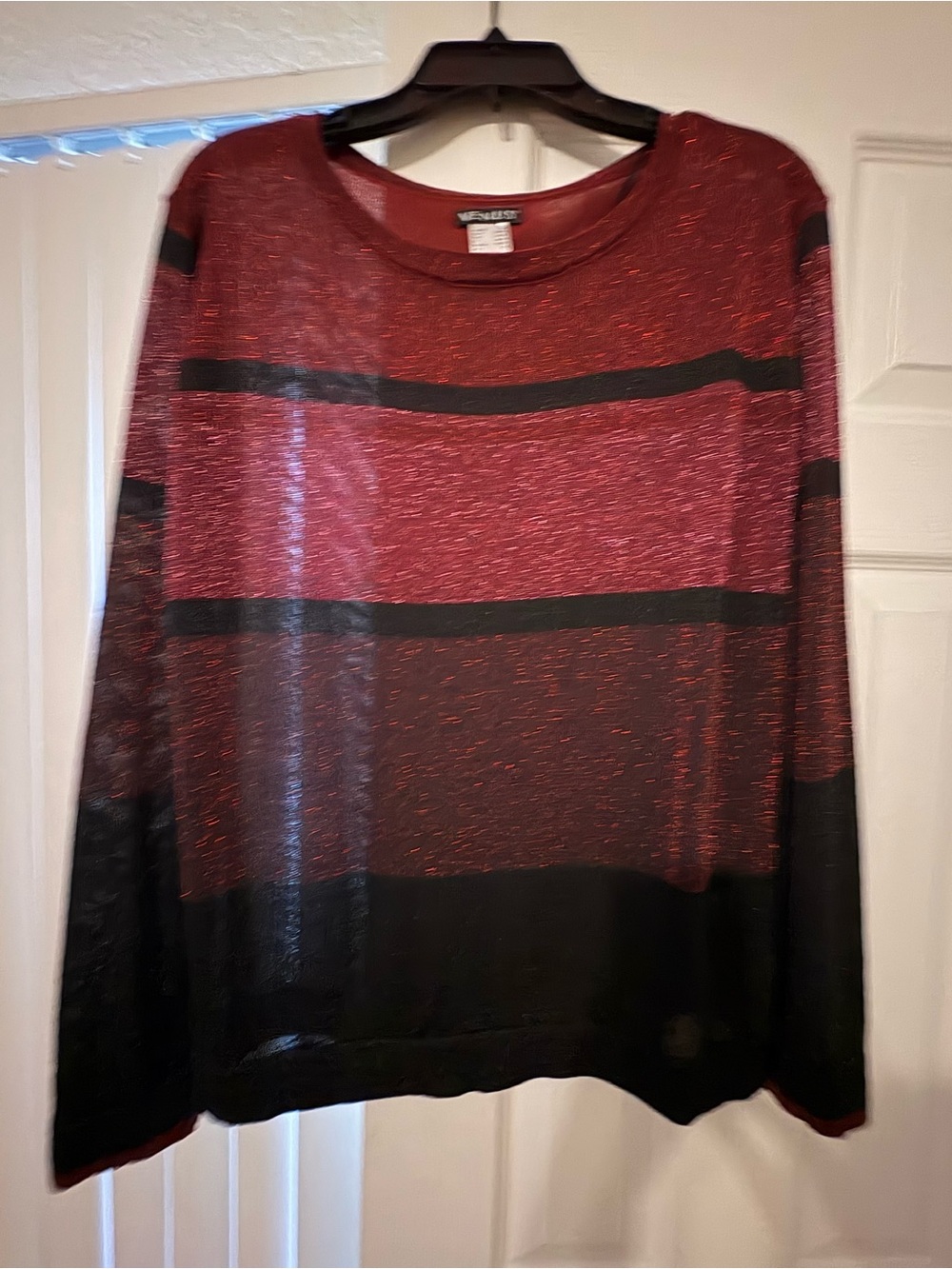 VENUS Red and Black Metallic Stripe Crew Neck Sweater